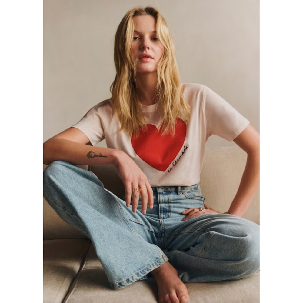 Sezane La Chamade Heart Graphic Tee Shirt Cream Red French Paris Romantic Size S